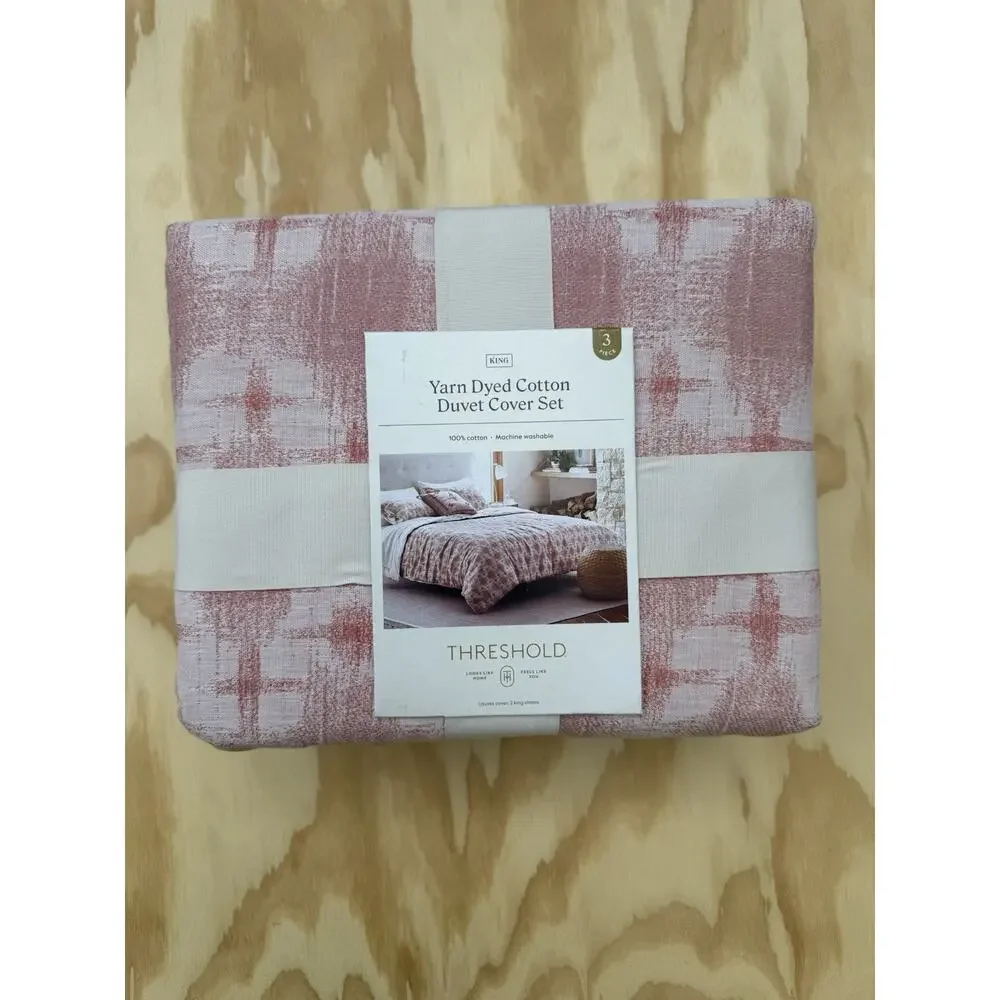 Threshold King Yarn Dyed Cotton Duvet Cover Set Pink Geometric Boho Cottagecore